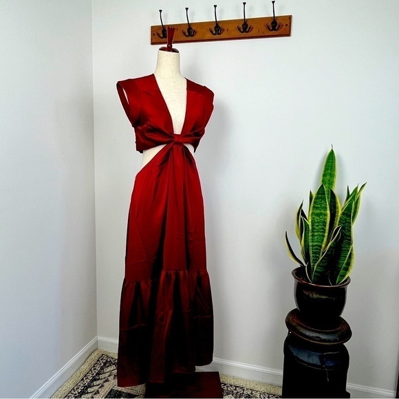 Jason Wu Alexandria Satin Midriff Cutout Midi Dress. Red. Medium. #591. NWOT - Picture 3 of 13
